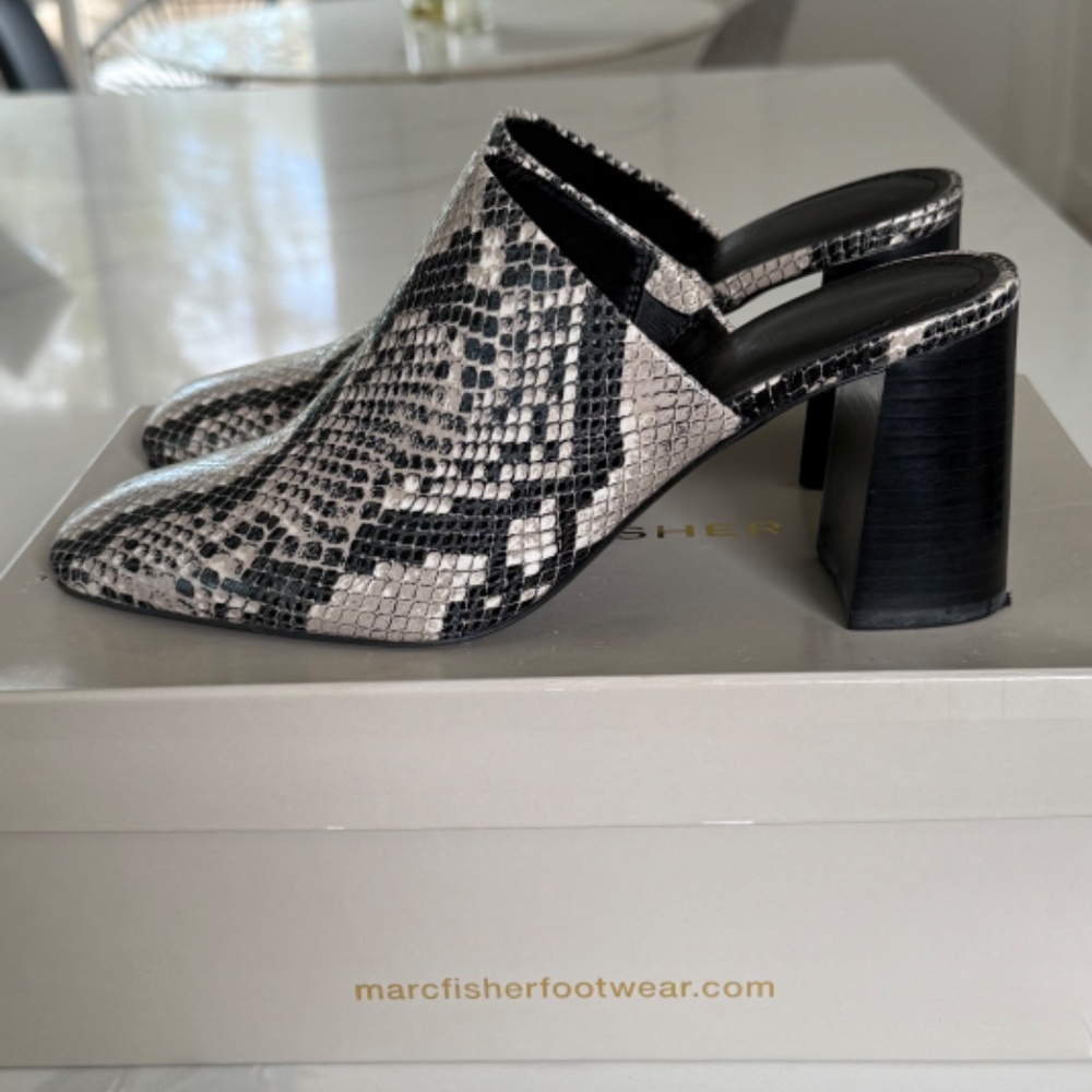 Marc Fisher Fanna Snakeskin Mule Block Heels